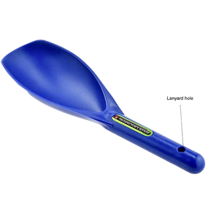 Blue plastic prospecting scoop with a lanyard hole 