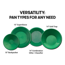Load image into Gallery viewer, Garrett Deluxe Gold Pan Kit with pans, classifier, and accessories displayed on rocks near a river for gold prospecting
