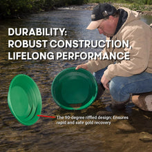 Load image into Gallery viewer, Person using a green prospecting gold  pan in water with text about durability and performance.