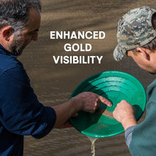 Load image into Gallery viewer, Close-up of gold flakes in green Garrett gold pan showing enhanced visibility during gold panning process