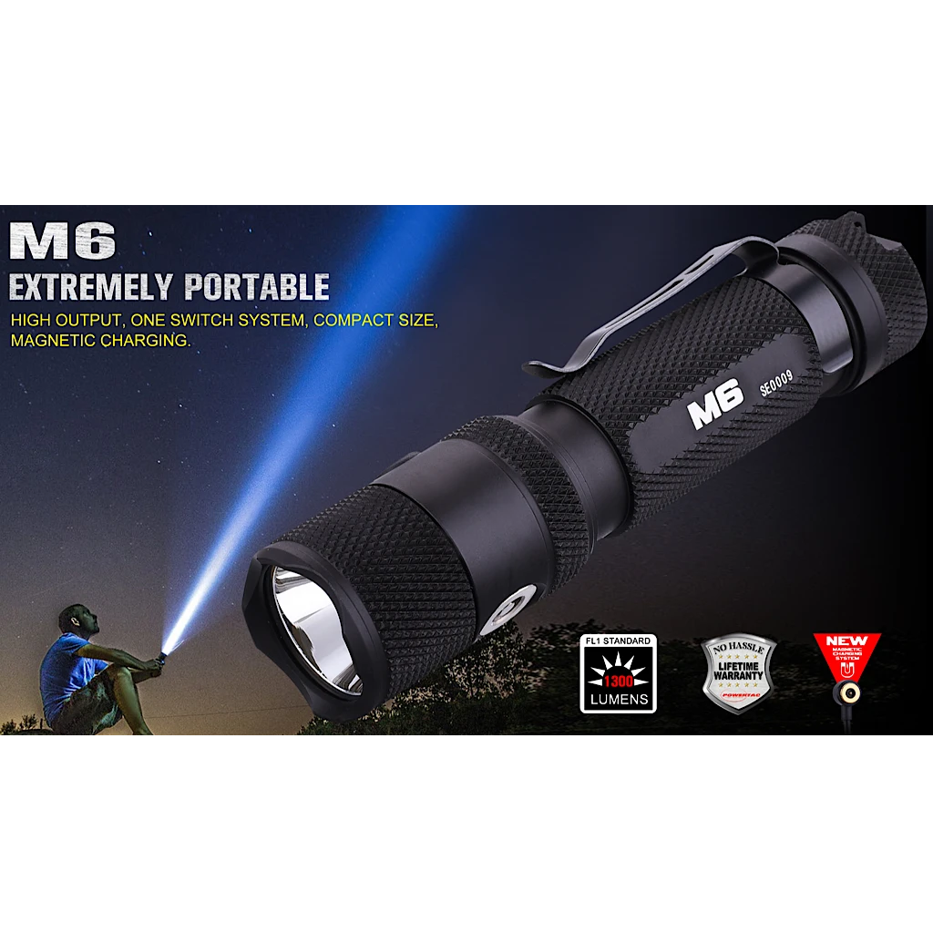 PowerTac M6 - 1300 Lumen USB Rechargeable LED Flashlight.